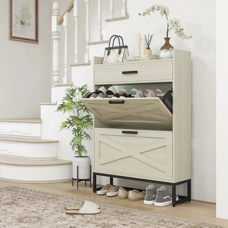 Scarpiera con ante, scarpiera a 6 ripiani con ripiani regolabili, portascarpe in legno, organizer per scarpe