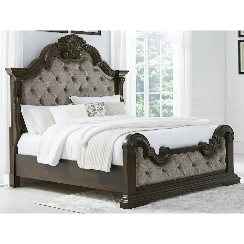   Maylee Dark Brown/Gray Upholstered Panel Bed