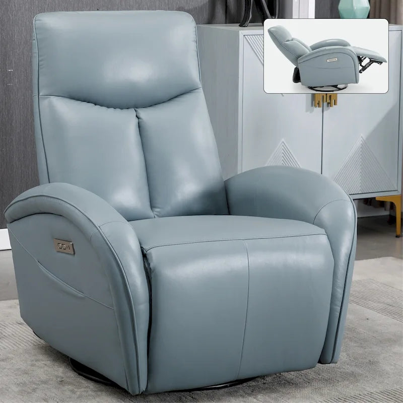 270 Genuine Leather Swivel and Rocker Power Recliner Chair for Elderly, Lving Room Single Sofa w/Lumbar Support & Rolled Arms