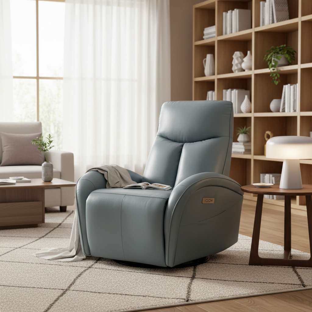 270 Genuine Leather Swivel and Rocker Power Recliner Chair for Elderly, Lving Room Single Sofa w/Lumbar Support & Rolled Arms