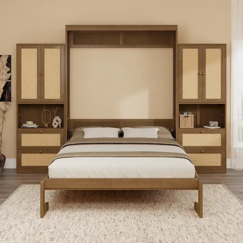 Letto a scomparsa matrimoniale in legno massello e rattan, salvaspazio con 2 ripiani laterali