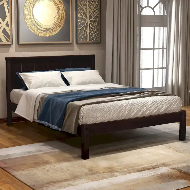 Struttura letto a piattaforma matrimoniale in legno di pino nero con testiera - Supporto a doghe in legno, non è necessaria la rete a molle, design salvaspazio