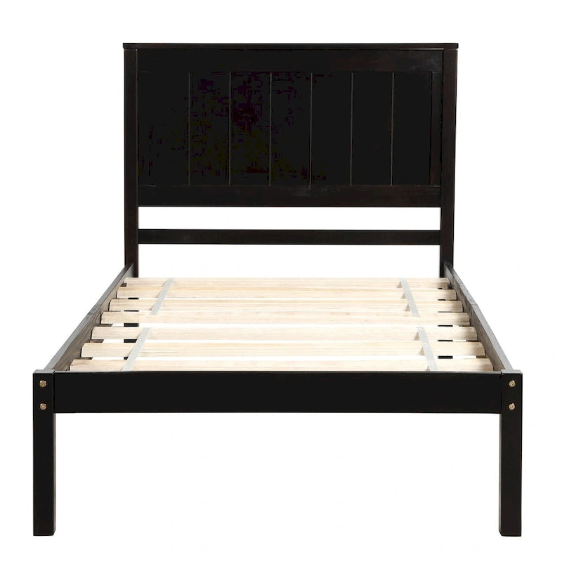 Struttura letto a piattaforma matrimoniale in legno di pino nero con testiera - Supporto a doghe in legno, non è necessaria la rete a molle, design salvaspazio