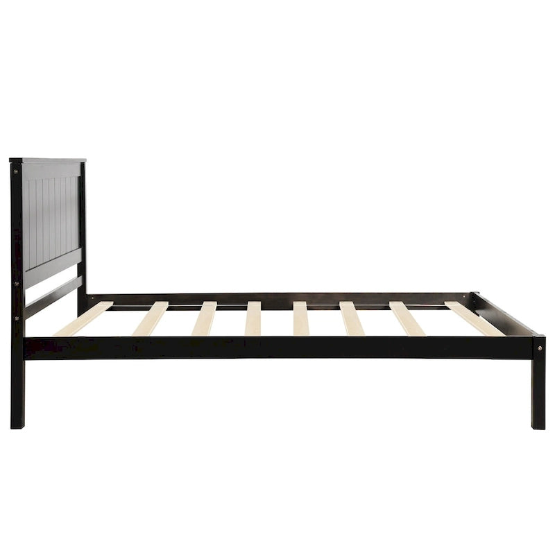 Struttura letto a piattaforma matrimoniale in legno di pino nero con testiera - Supporto a doghe in legno, non è necessaria la rete a molle, design salvaspazio
