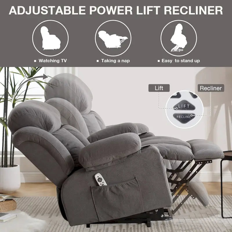 Poltrona reclinabile elettrica grigia con funzione lift, riscaldamento, massaggio, porta USB, tasche laterali e telecomando