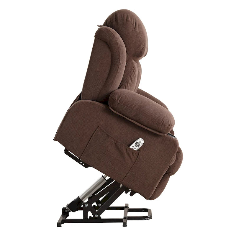 Poltrona reclinabile elettrica grigia con funzione lift, riscaldamento, massaggio, porta USB, tasche laterali e telecomando