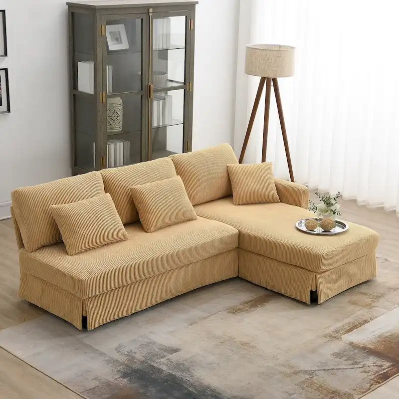 Divano a 3 posti a L giallo 87 con chaise longue reversibile e 3 cuscini, design salvaspazio per soggiorno