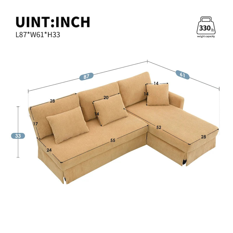 Divano a 3 posti a L giallo 87 con chaise longue reversibile e 3 cuscini, design salvaspazio per soggiorno