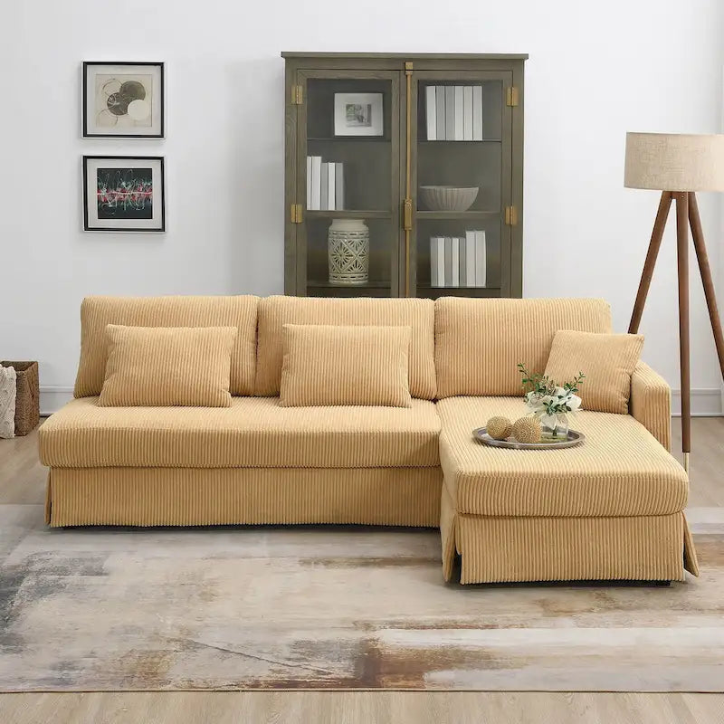 Divano a 3 posti a L giallo 87 con chaise longue reversibile e 3 cuscini, design salvaspazio per soggiorno