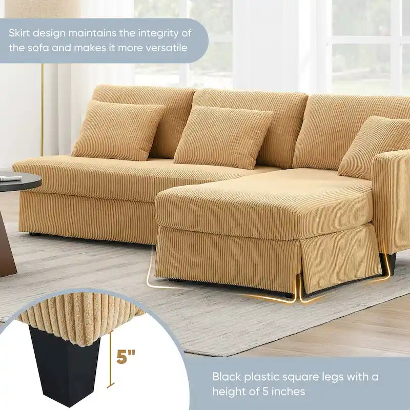Divano a 3 posti a L giallo 87 con chaise longue reversibile e 3 cuscini, design salvaspazio per soggiorno