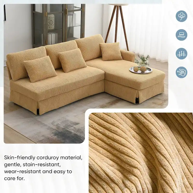Divano a 3 posti a L giallo 87 con chaise longue reversibile e 3 cuscini, design salvaspazio per soggiorno