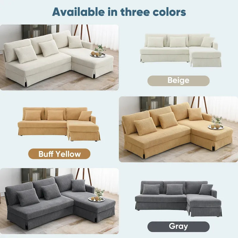 Divano a 3 posti a L giallo 87 con chaise longue reversibile e 3 cuscini, design salvaspazio per soggiorno