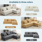 Divano a 3 posti a L giallo 87 con chaise longue reversibile e 3 cuscini, design salvaspazio per soggiorno
