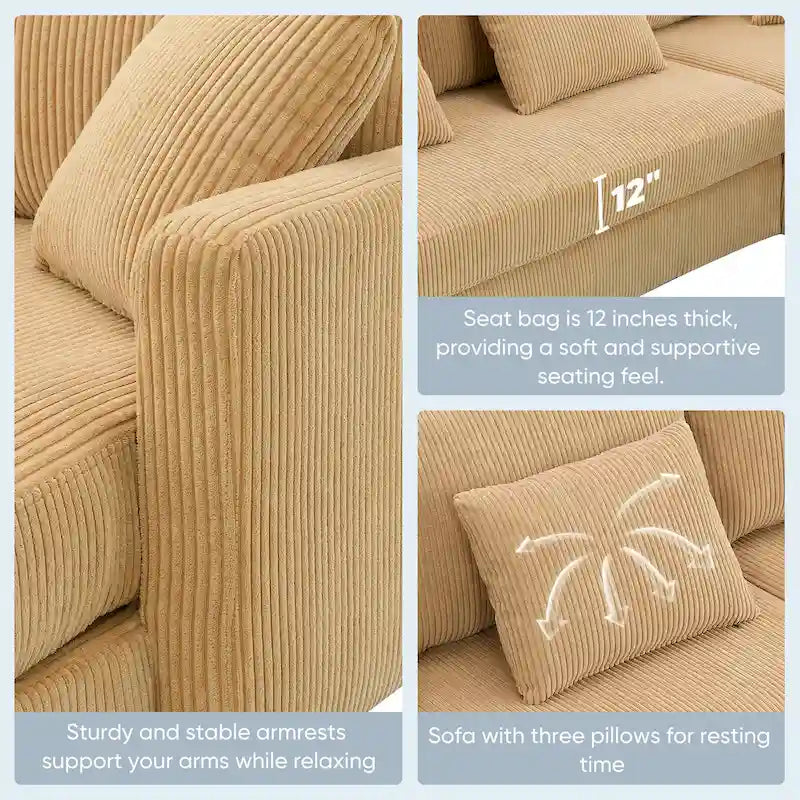 Divano a 3 posti a L giallo 87 con chaise longue reversibile e 3 cuscini, design salvaspazio per soggiorno