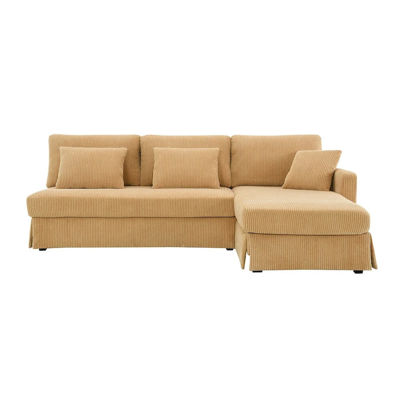 Divano a 3 posti a L giallo 87 con chaise longue reversibile e 3 cuscini, design salvaspazio per soggiorno