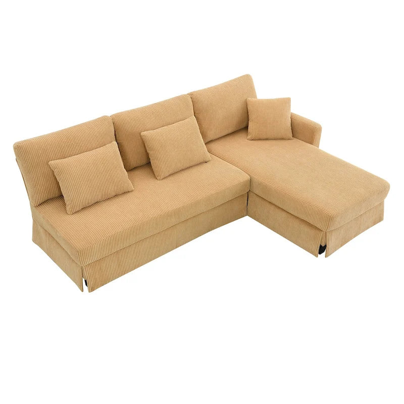 Divano a 3 posti a L giallo 87 con chaise longue reversibile e 3 cuscini, design salvaspazio per soggiorno
