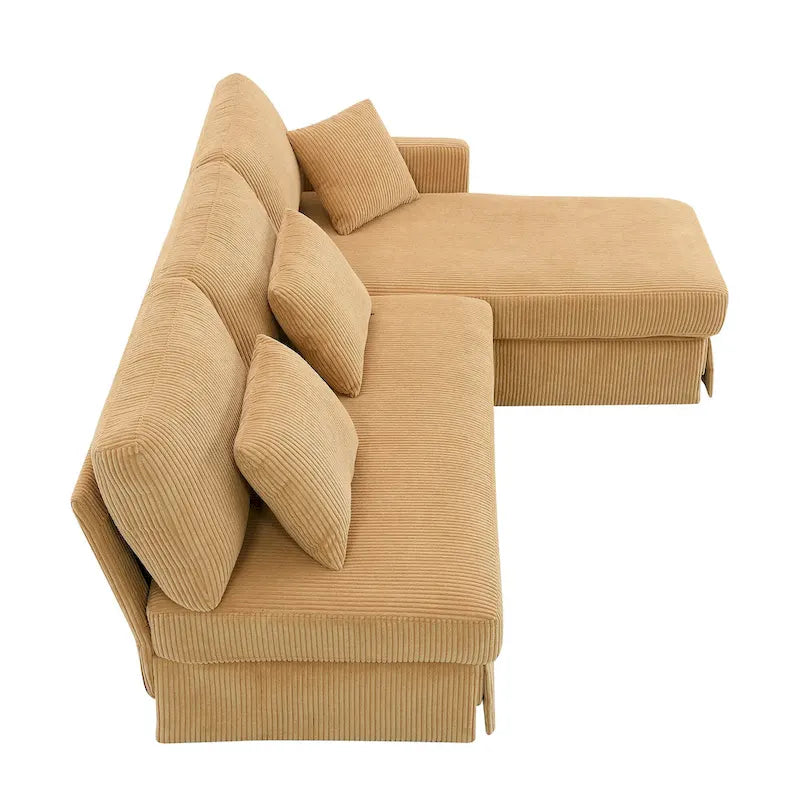 Divano a 3 posti a L giallo 87 con chaise longue reversibile e 3 cuscini, design salvaspazio per soggiorno