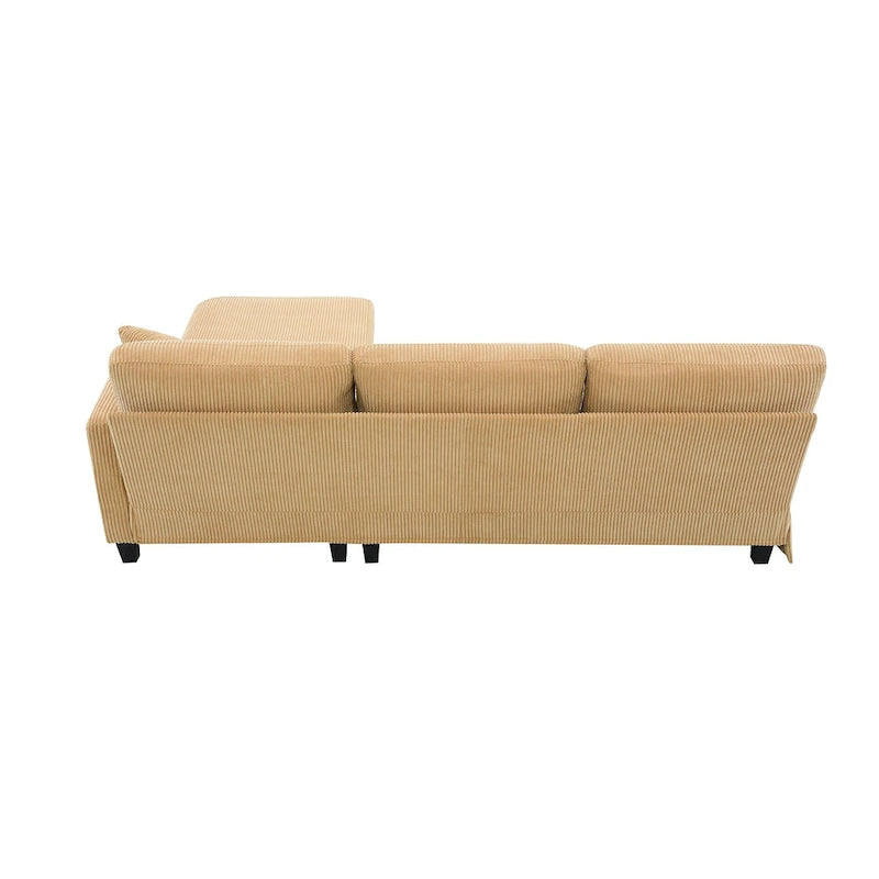 Divano a 3 posti a L giallo 87 con chaise longue reversibile e 3 cuscini, design salvaspazio per soggiorno