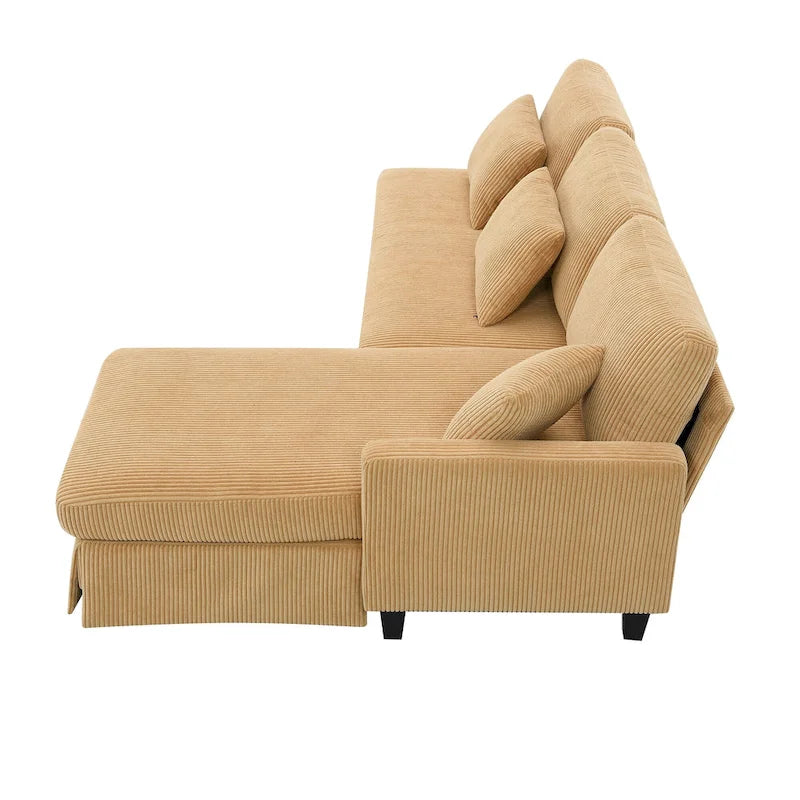 Divano a 3 posti a L giallo 87 con chaise longue reversibile e 3 cuscini, design salvaspazio per soggiorno