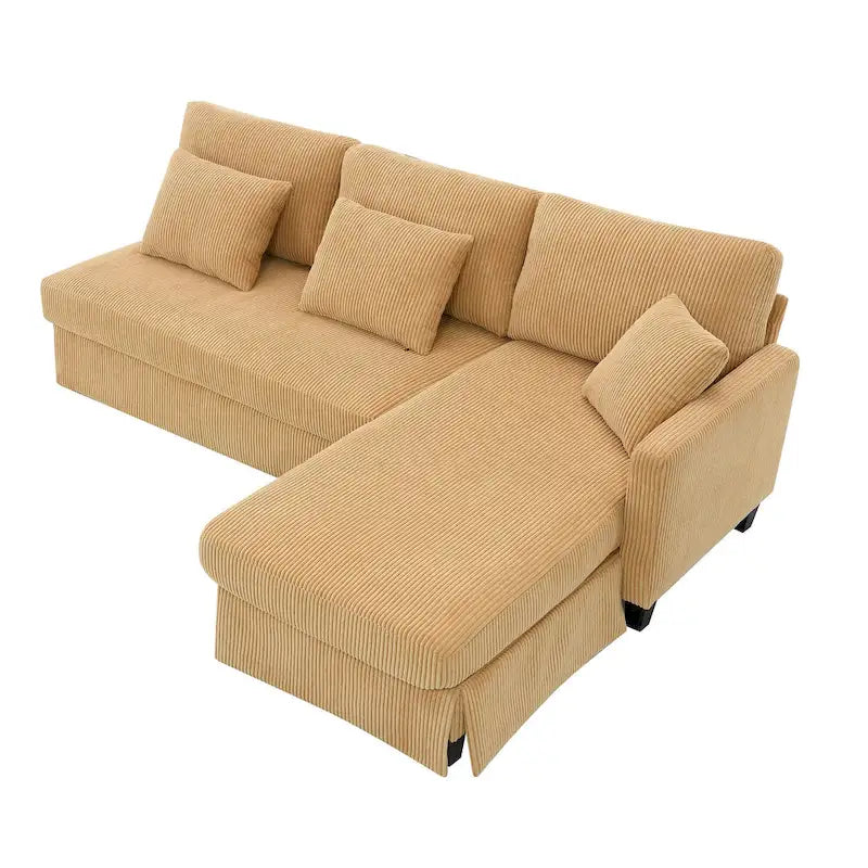 Divano a 3 posti a L giallo 87 con chaise longue reversibile e 3 cuscini, design salvaspazio per soggiorno