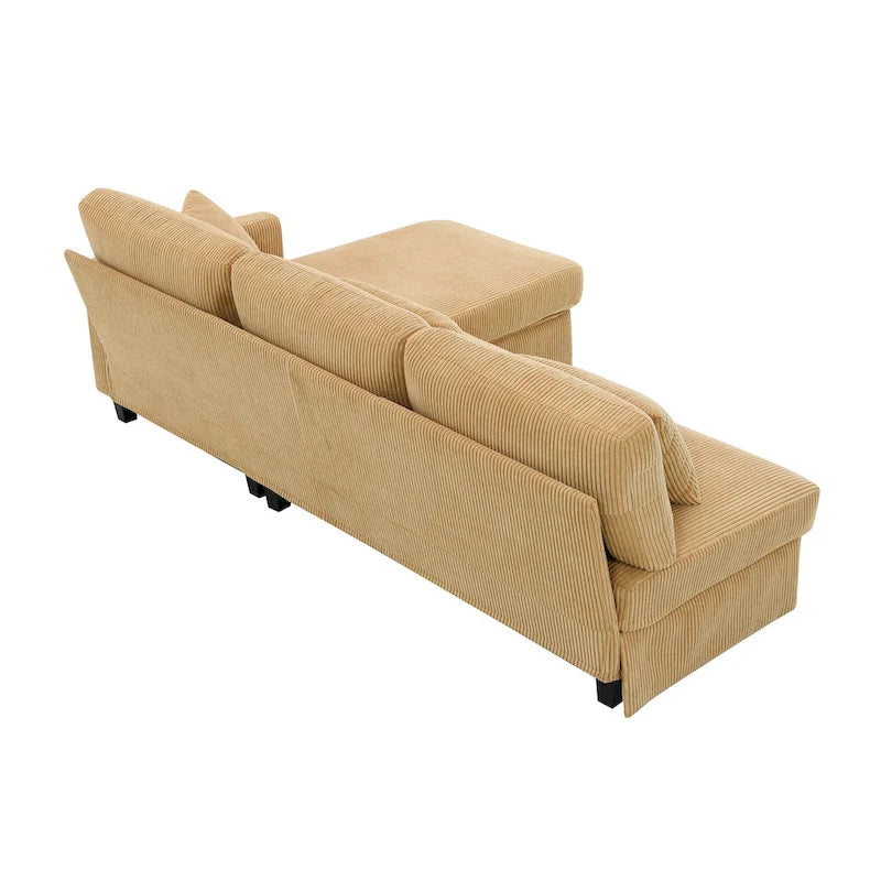 Divano a 3 posti a L giallo 87 con chaise longue reversibile e 3 cuscini, design salvaspazio per soggiorno