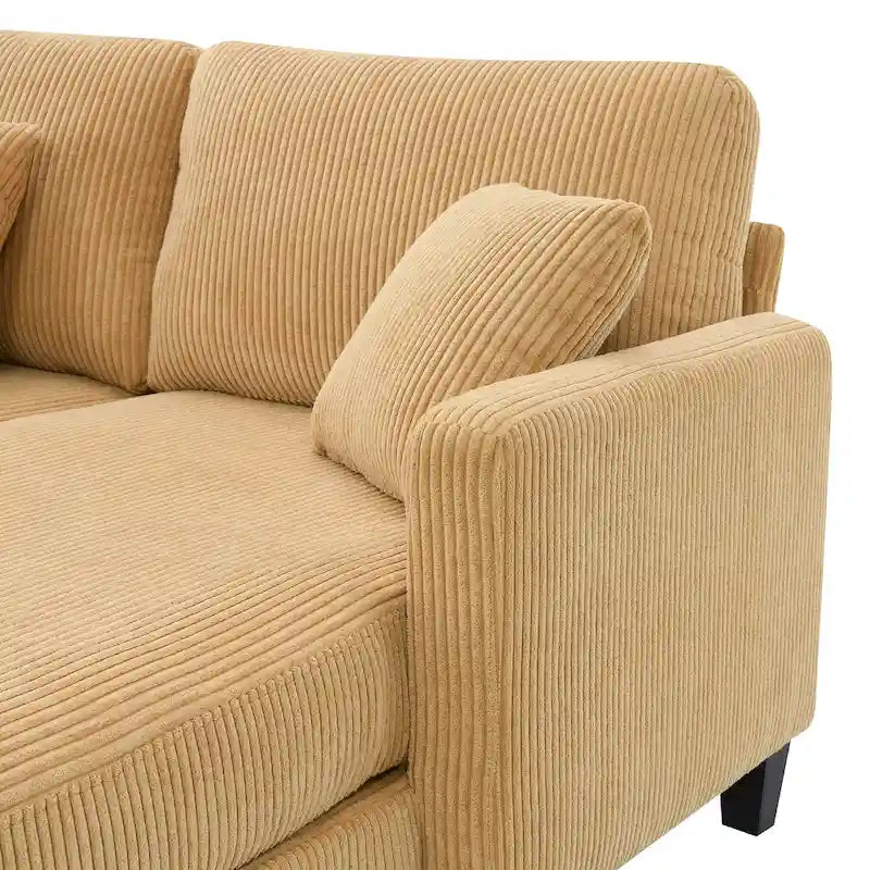 Divano a 3 posti a L giallo 87 con chaise longue reversibile e 3 cuscini, design salvaspazio per soggiorno