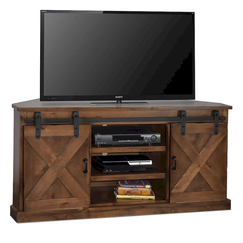 Mobile TV ad angolo Bridgevine Home Farmhouse 66 pollici per TV fino a 80 pollici, nessun assemblaggio richiesto, finitura Aged Whiskey