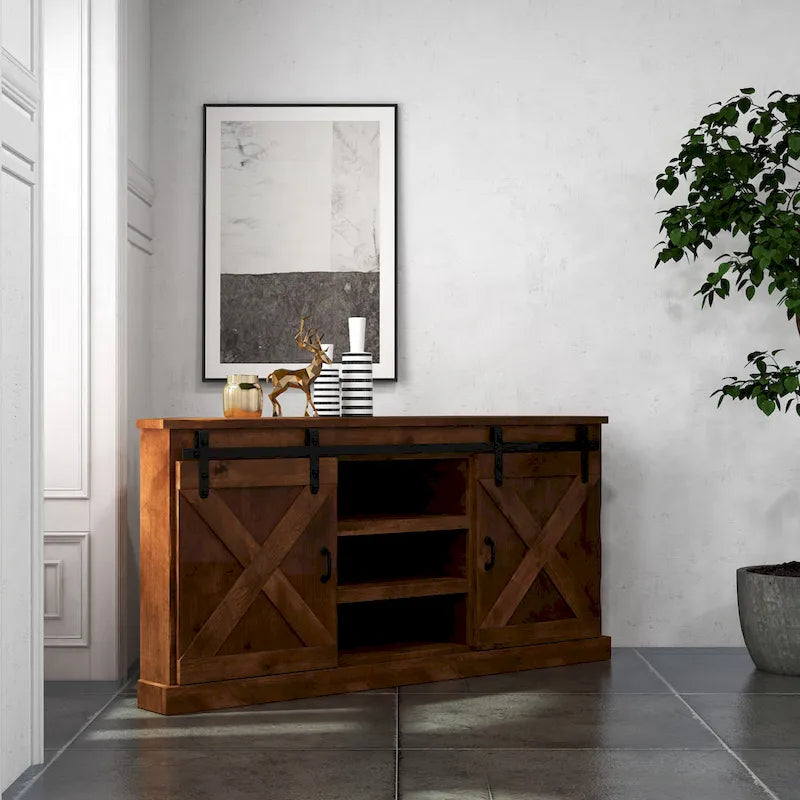 Mobile TV ad angolo Bridgevine Home Farmhouse 66 pollici per TV fino a 80 pollici, nessun assemblaggio richiesto, finitura Aged Whiskey