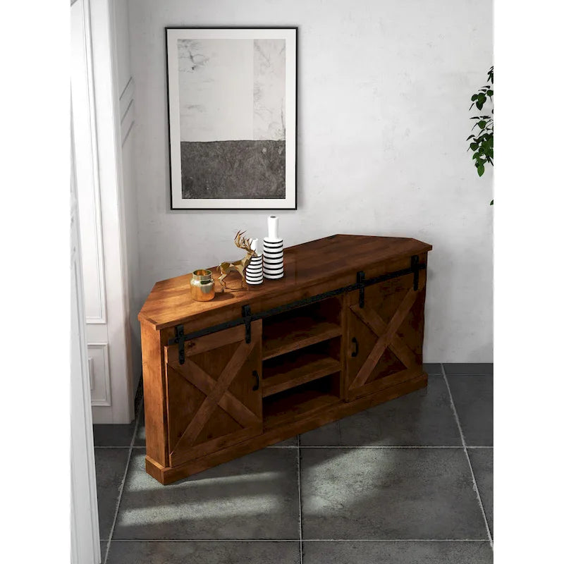 Mobile TV ad angolo Bridgevine Home Farmhouse 66 pollici per TV fino a 80 pollici, nessun assemblaggio richiesto, finitura Aged Whiskey