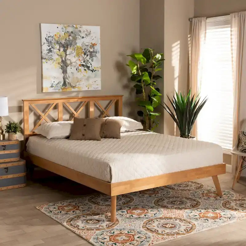 Letto a piattaforma Galvin contemporaneo in legno con finitura marrone
