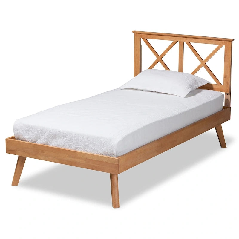Letto a piattaforma Galvin contemporaneo in legno con finitura marrone