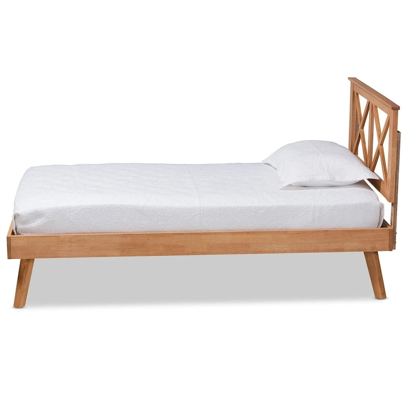 Letto a piattaforma Galvin contemporaneo in legno con finitura marrone