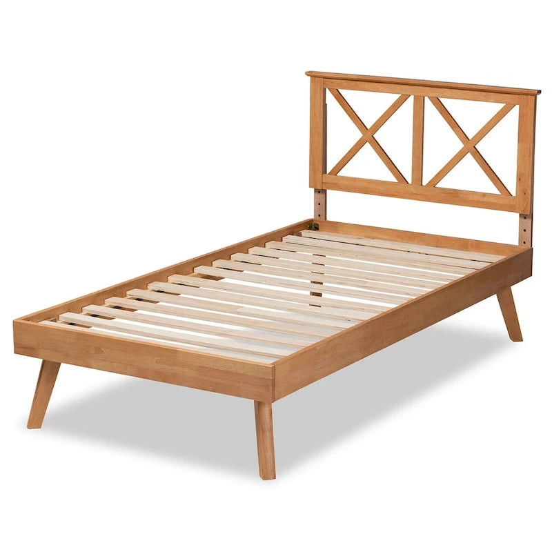 Letto a piattaforma Galvin contemporaneo in legno con finitura marrone