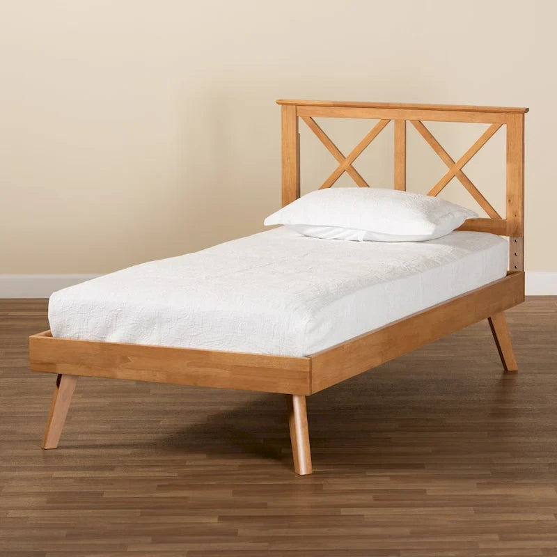 Letto a piattaforma Galvin contemporaneo in legno con finitura marrone
