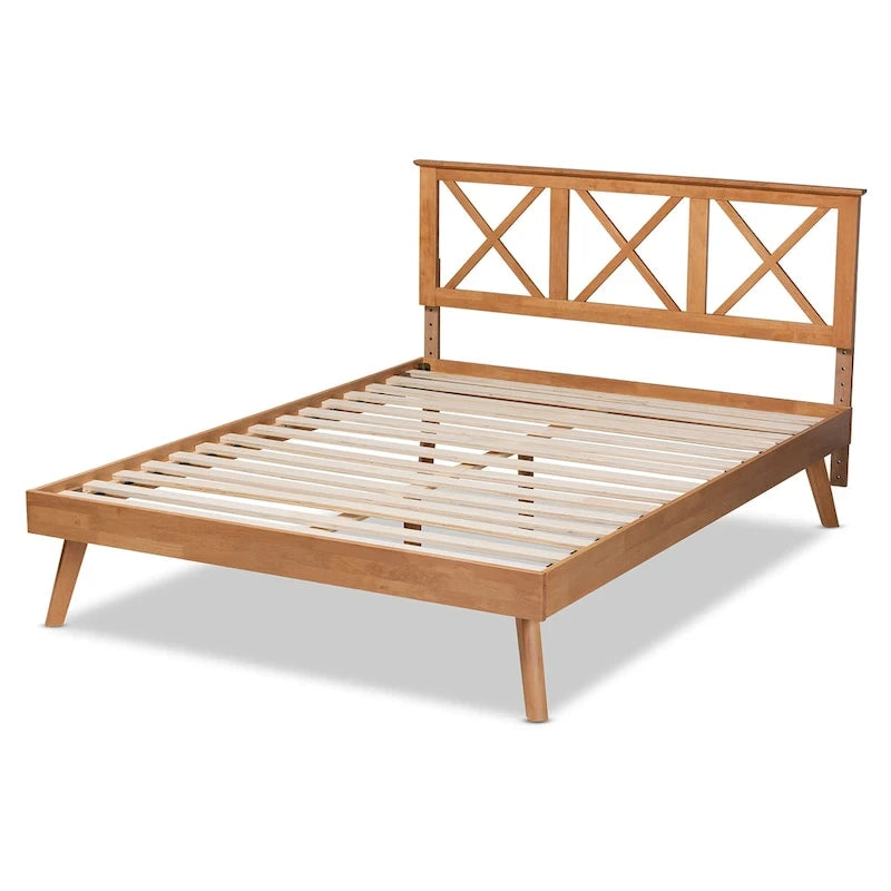 Letto a piattaforma Galvin contemporaneo in legno con finitura marrone
