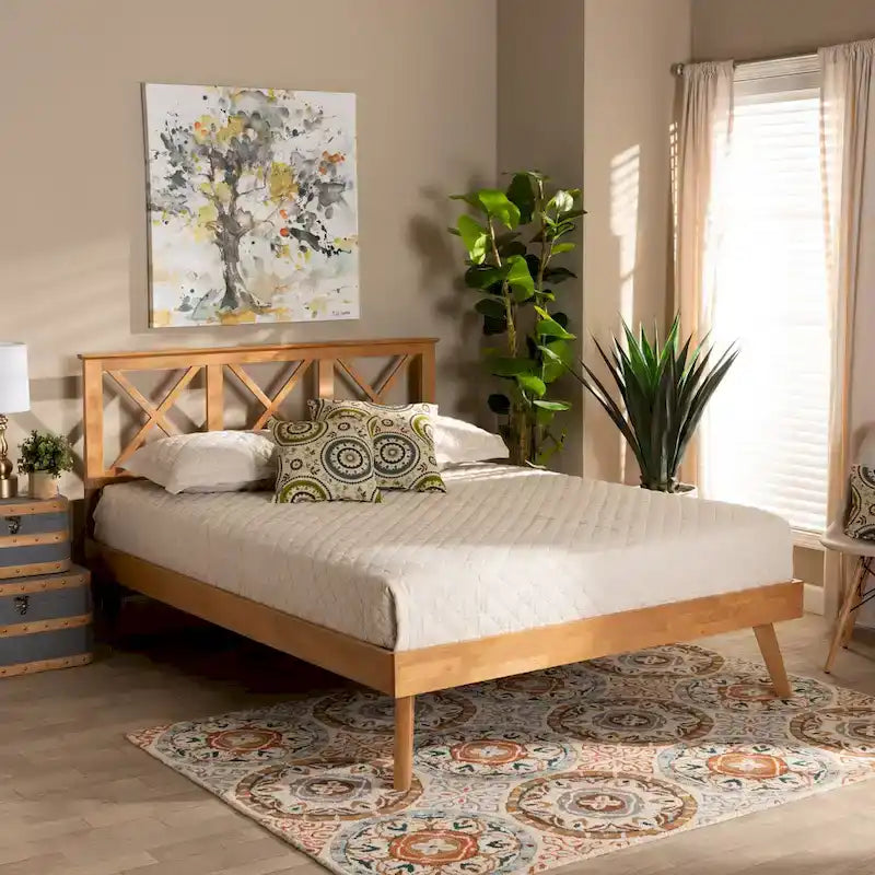 Letto a piattaforma Galvin contemporaneo in legno con finitura marrone