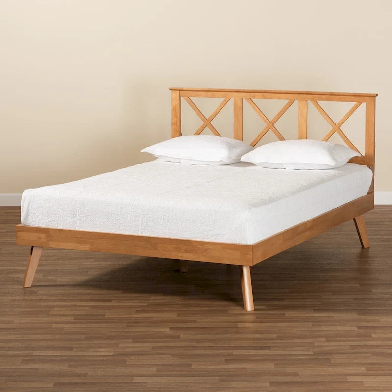 Letto a piattaforma Galvin contemporaneo in legno con finitura marrone