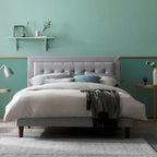 Priage by Grey Sand Letto a piattaforma di alta qualità rivestito in tessuto beige con bottoni trapuntati