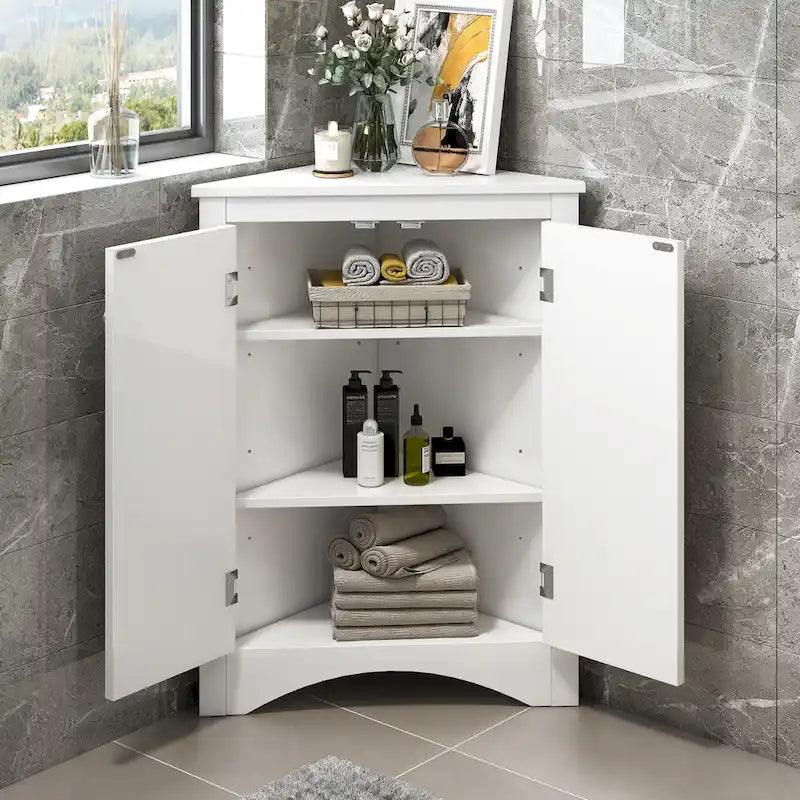 Mobiletto da bagno triangolare bianco con ripiani regolabili - 17.2L x 17.2P x 31.5H
