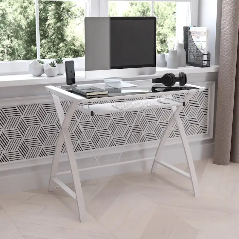 Scrivania moderna per computer con piano in vetro e vassoio estraibile per tastiera