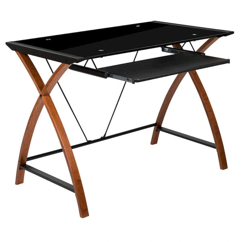 Modern Glass Top Computer Desk with Pull-out Keyboard Tray