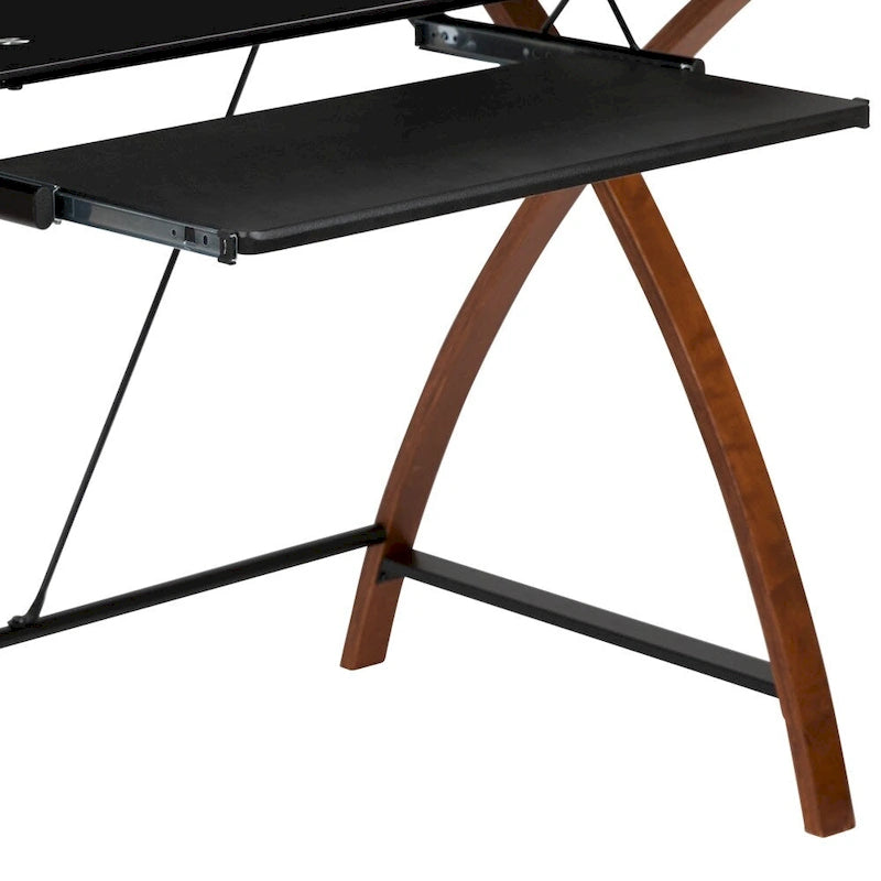 Scrivania moderna per computer con piano in vetro e vassoio estraibile per tastiera