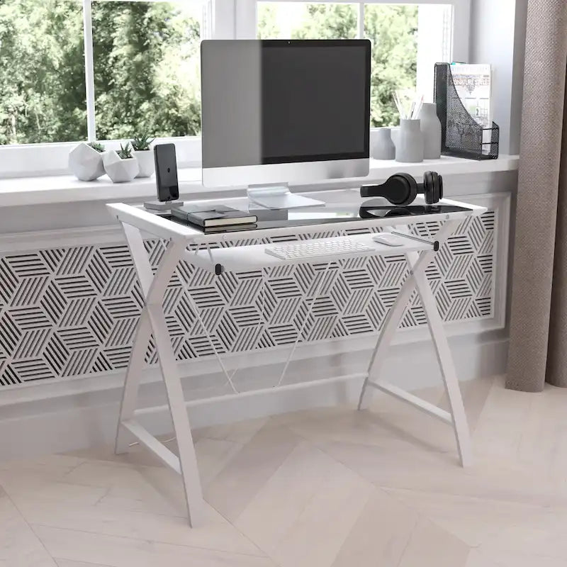 Scrivania moderna per computer con piano in vetro e vassoio estraibile per tastiera