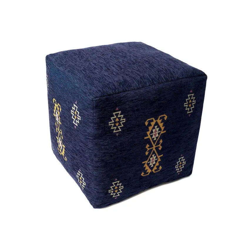 Pouf in misto poliestere con motivo damascato tradizionale Sevita Navy/Senape