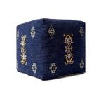 Pouf in misto poliestere con motivo damascato tradizionale Sevita Navy/Senape