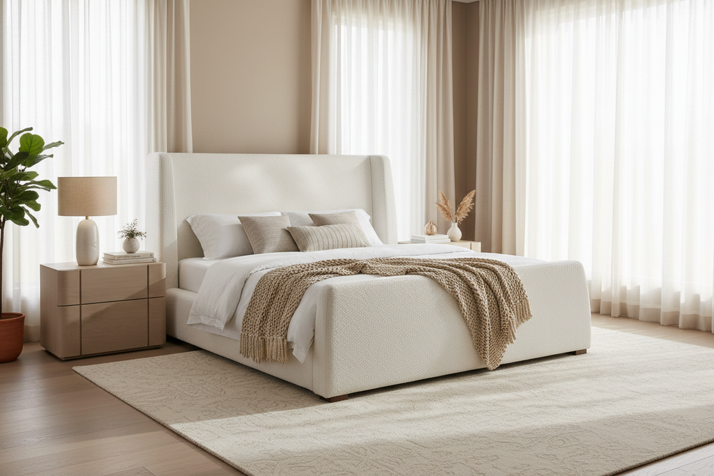 Letto matrimoniale Mosi con piattaforma, testiera ad ali laterali, rivestimento in tessuto bouclé bianco
