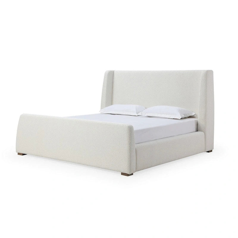 Letto matrimoniale Mosi con piattaforma, testiera ad ali laterali, rivestimento in tessuto bouclé bianco