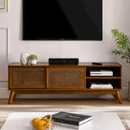 Mobile TV in rattan da 150 cm per TV da 65 pollici, mobiletto porta TV, console multimediale, piedini in legno massello e ante in rattan - Legno chiaro