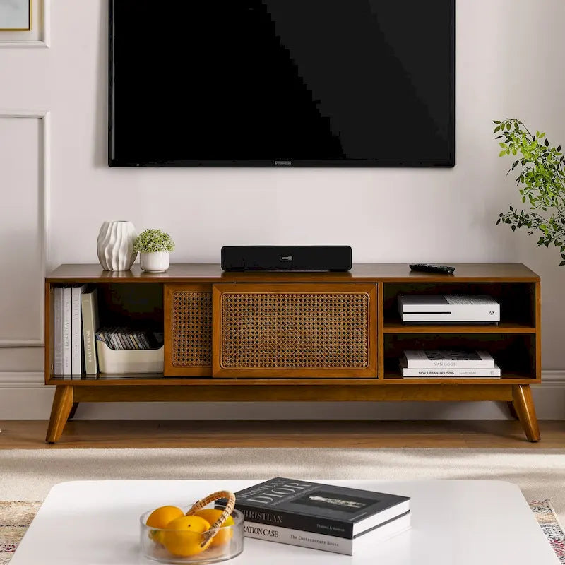 Mobile TV in rattan da 150 cm per TV da 65 pollici, mobiletto porta TV, console multimediale, piedini in legno massello e ante in rattan - Legno chiaro