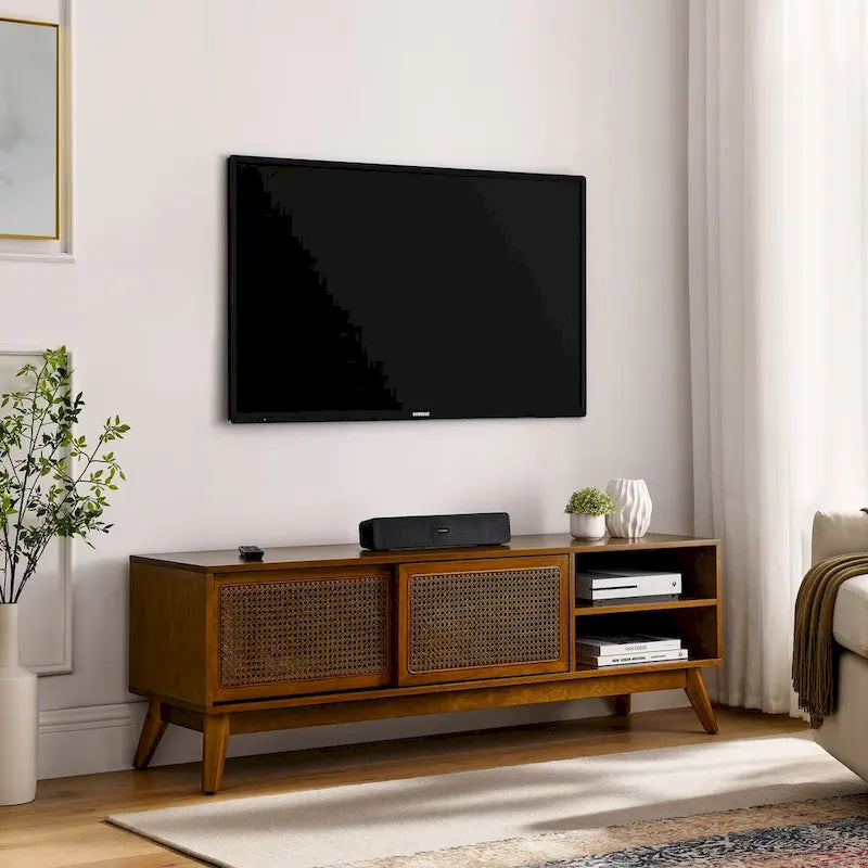 Mobile TV in rattan da 150 cm per TV da 65 pollici, mobiletto porta TV, console multimediale, piedini in legno massello e ante in rattan - Legno chiaro